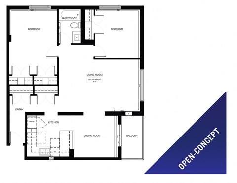 Two bedroom, one bathroom open-concept apartment layout at St. Lawrence Village in St. Catharines, ON